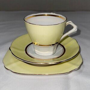 Vintage English Bone Chine Trio Tea Set Yellow Gold White #4040